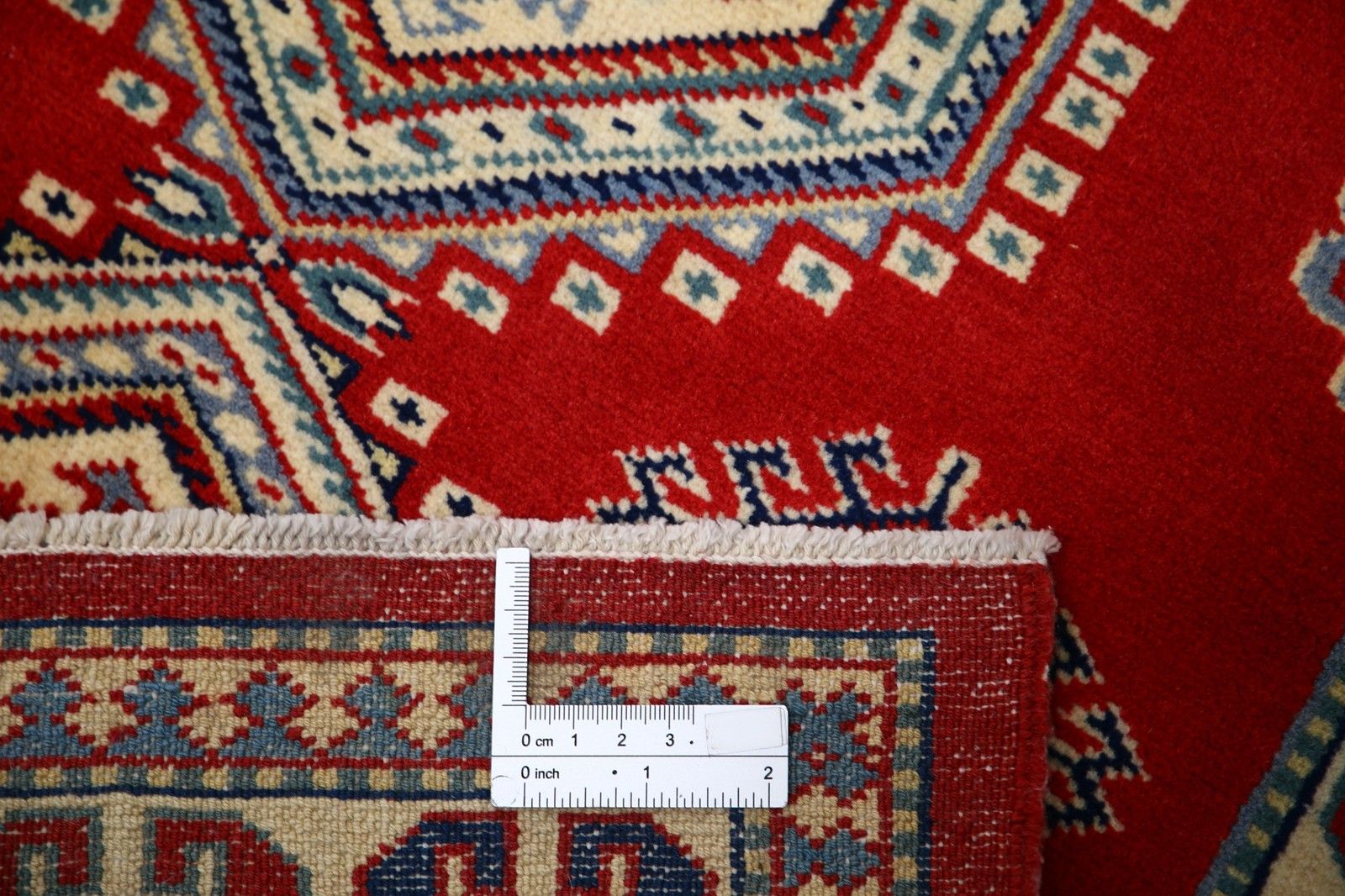 2,5x4,3 ft handgeknoopt tribaal wollen vloerkleed in rood, marineblauw, ivoor, lichtblauw photo buy