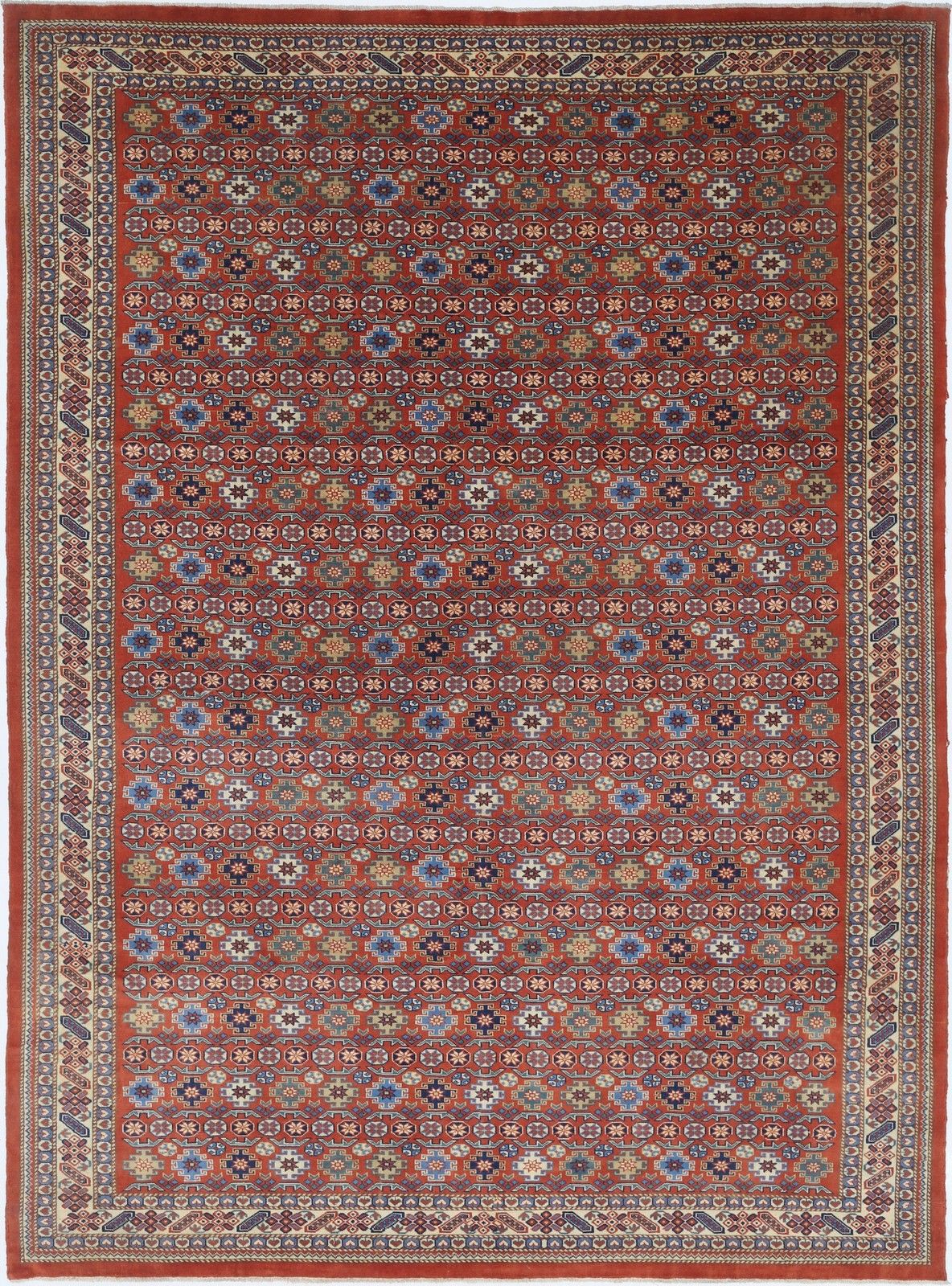 7.5x10.2 Ft Hand Knotted Geometric Tribal Area Rug In Rust Red, Navy Blue, Beige