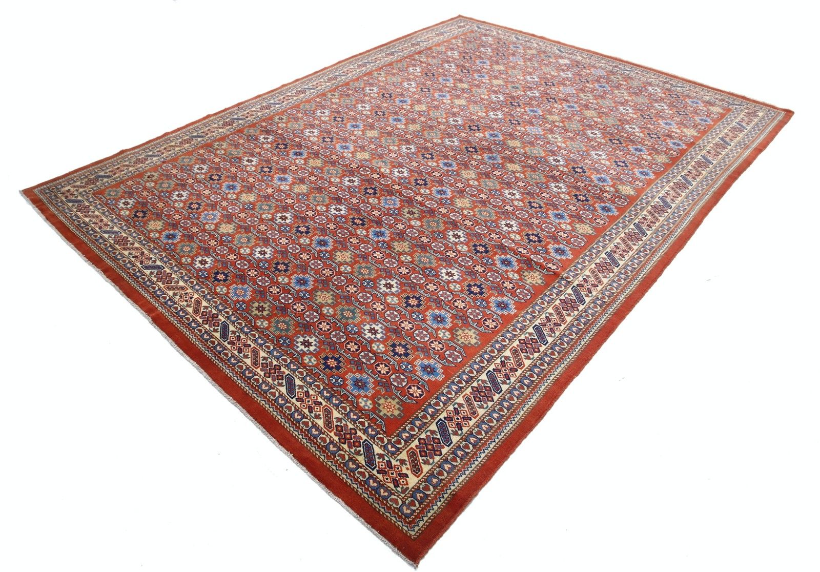 7.5x10.2 Ft Hand Knotted Geometric Tribal Area Rug In Rust Red, Navy Blue, Beige photo for sale