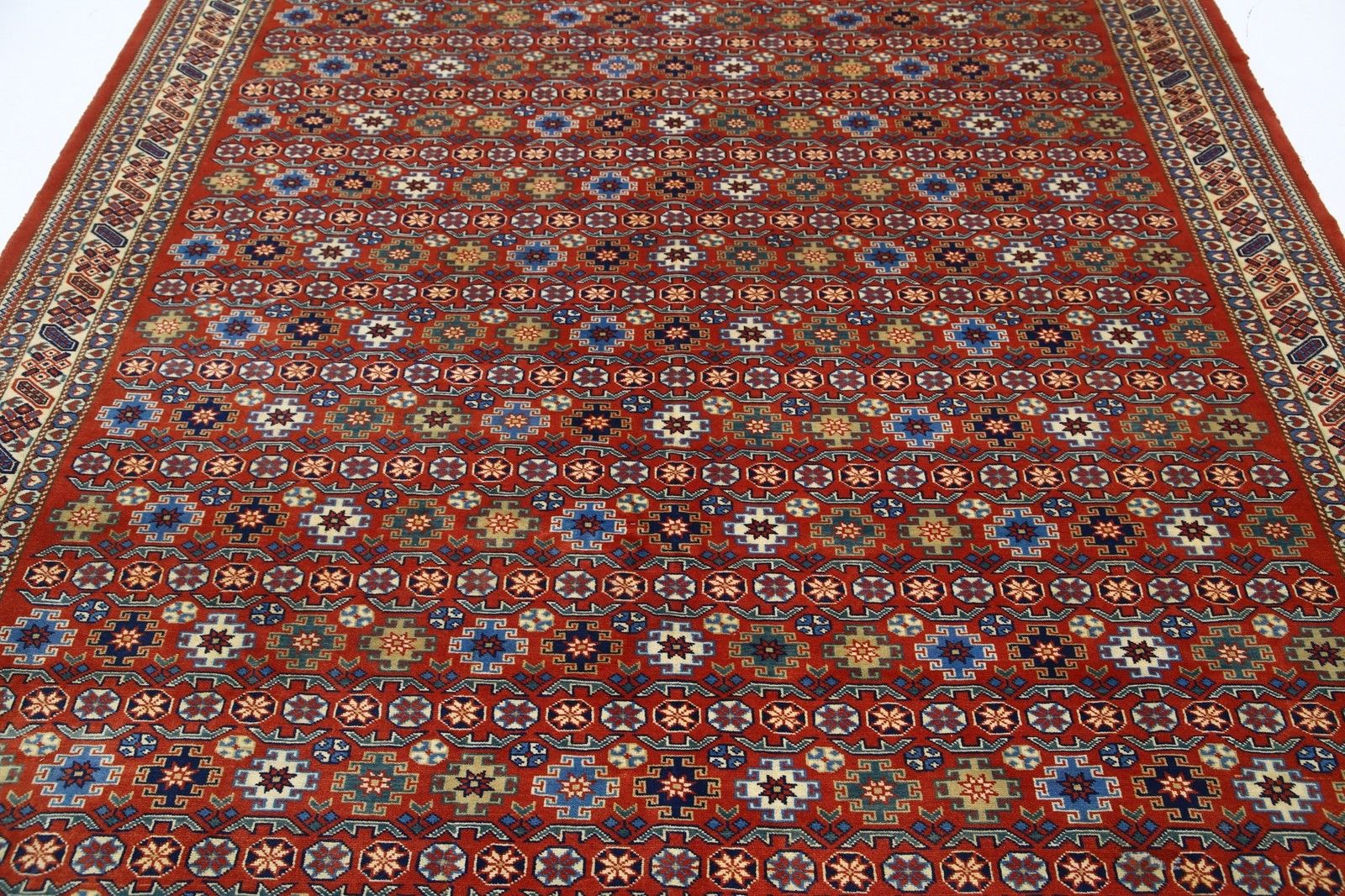 7.5x10.2 Ft Hand Knotted Geometric Tribal Area Rug In Rust Red, Navy Blue, Beige photo 3908.0
