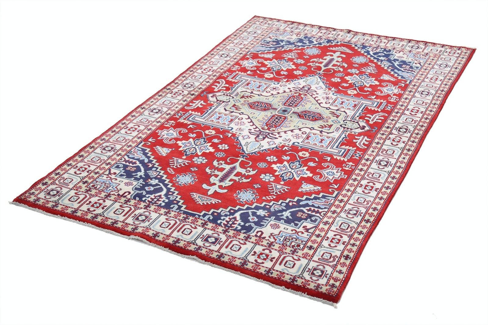 4,2x6,2 ft handgeknoopt tapijt in rood, marineblauw en ivoor. Tapijt met geometrisch medaillonmotief photo furniture