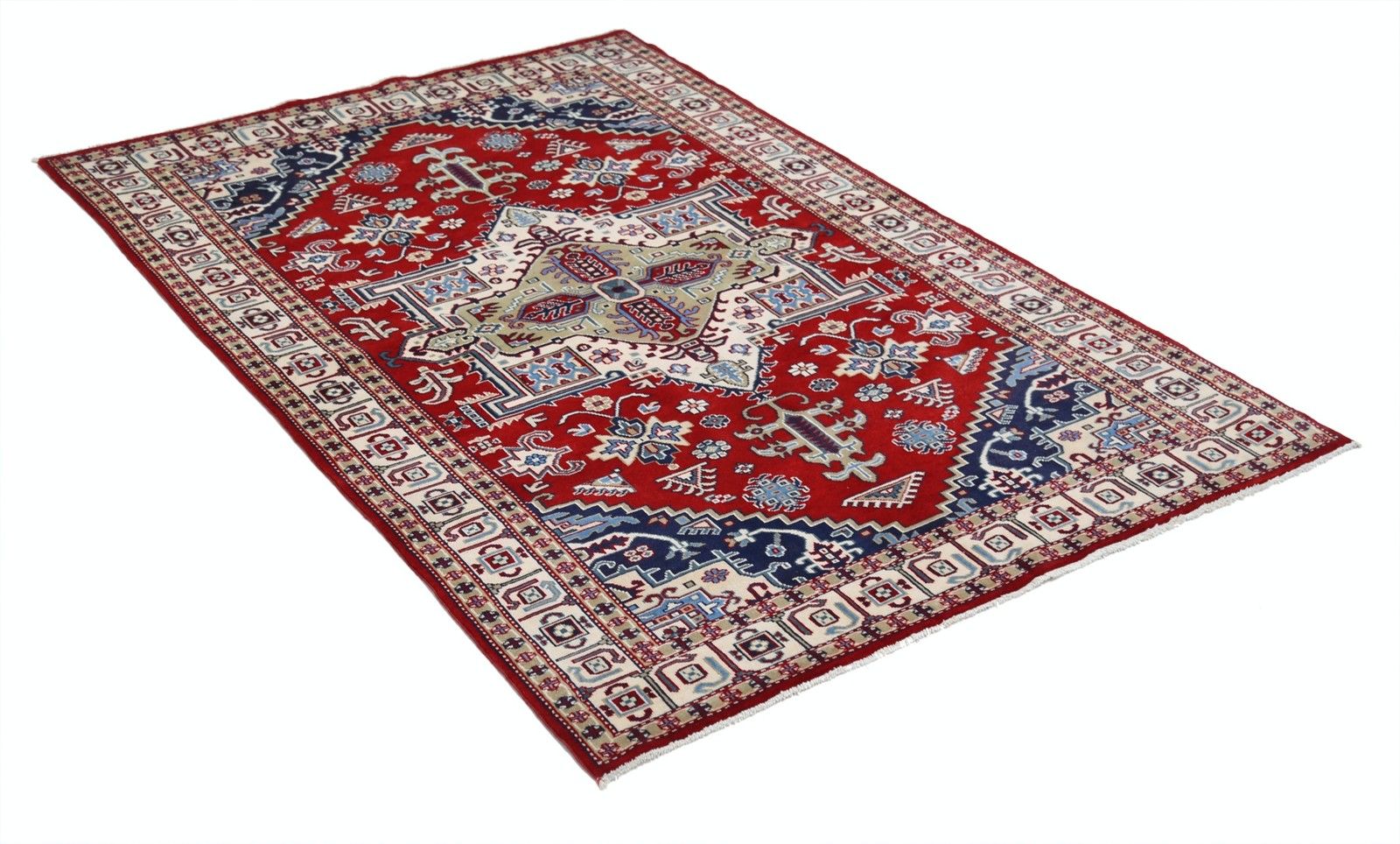 4,2x6,2 ft handgeknoopt tapijt in rood, marineblauw en ivoor. Tapijt met geometrisch medaillonmotief photo for sale