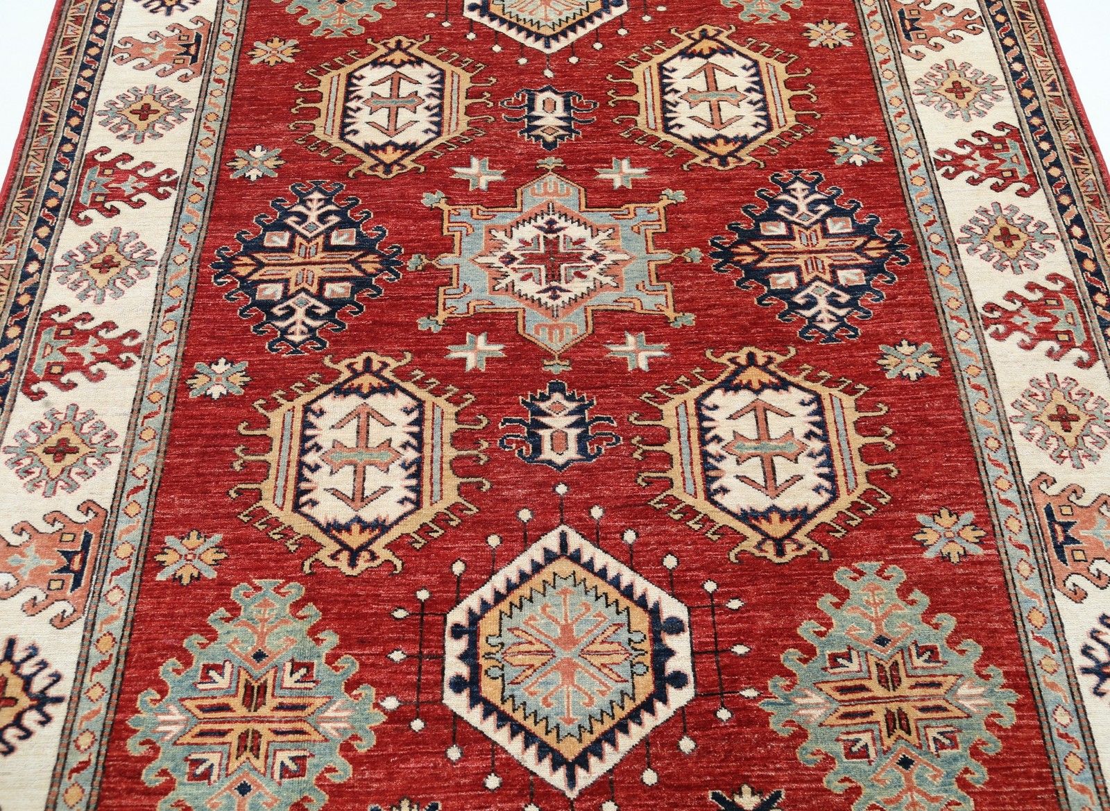 Tapis en laine noué à la main, rouge, ivoire et bleu marine, à motif géométrique, 176 x 234 cm photo for sale