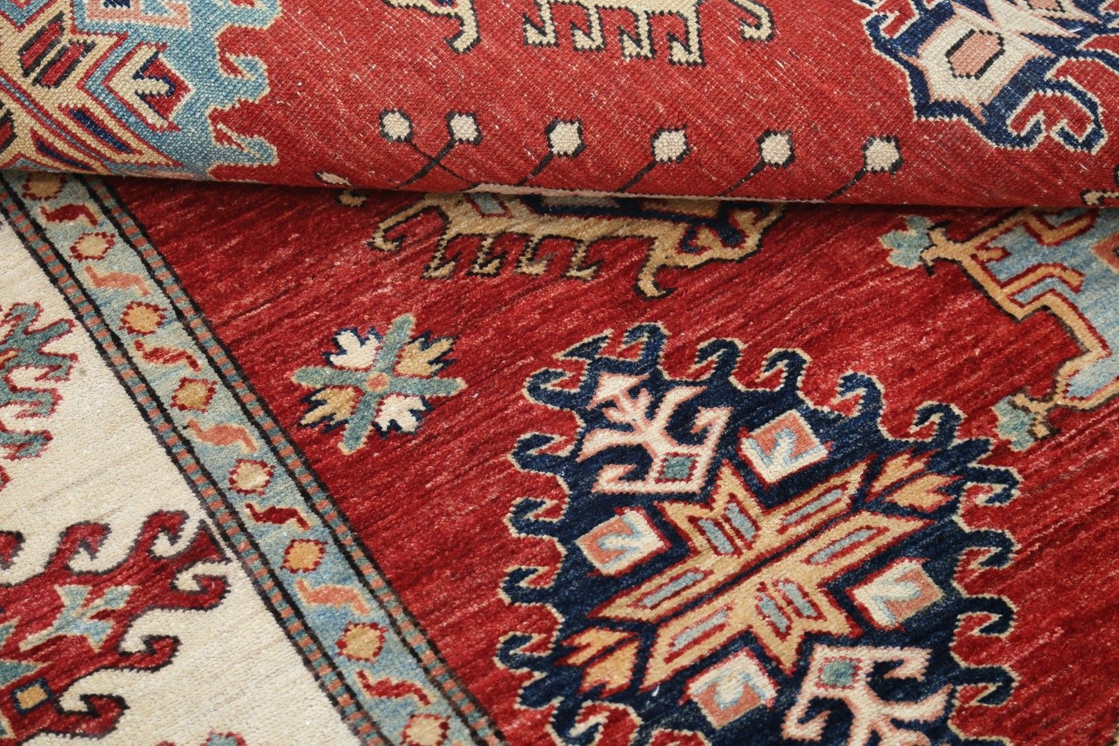 Tapis en laine noué à la main, rouge, ivoire et bleu marine, à motif géométrique, 176 x 234 cm photo 2178.0