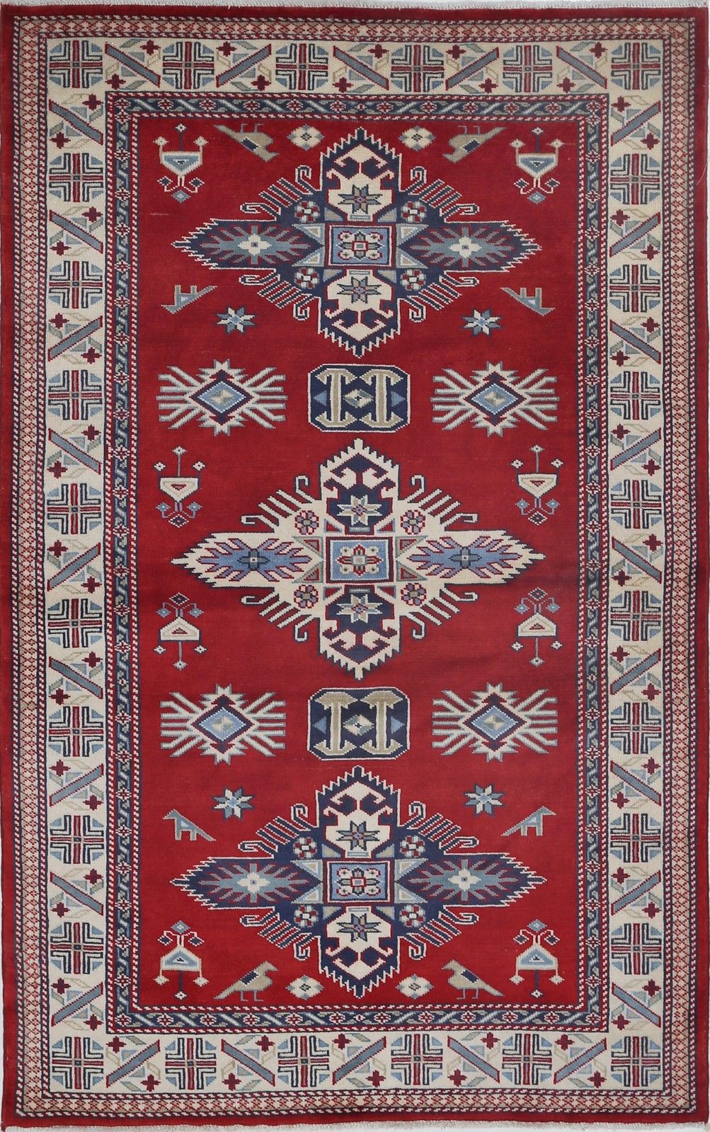 3.2x5 Ft Hand Knotted Tribal Red, Navy Blue, Ivory, Light Blue Accent Rug