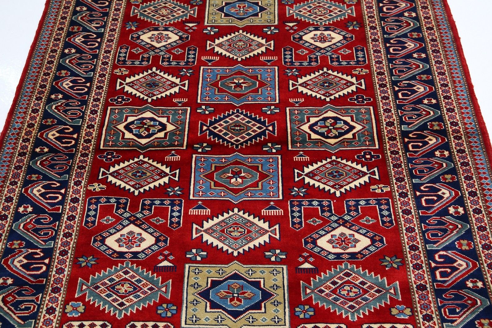 4.2x6 Ft Hand Knotted Red, Blue And Beige Accent Rug With Tribal Motif photo 1221.0