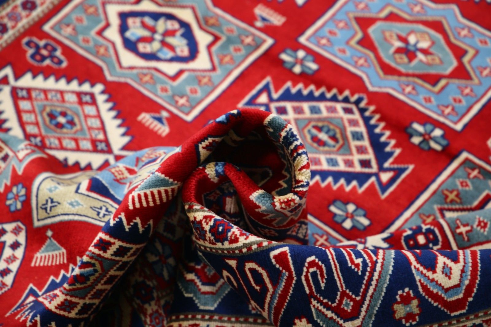 4.2x6 Ft Hand Knotted Red, Blue And Beige Accent Rug With Tribal Motif photo vinterior