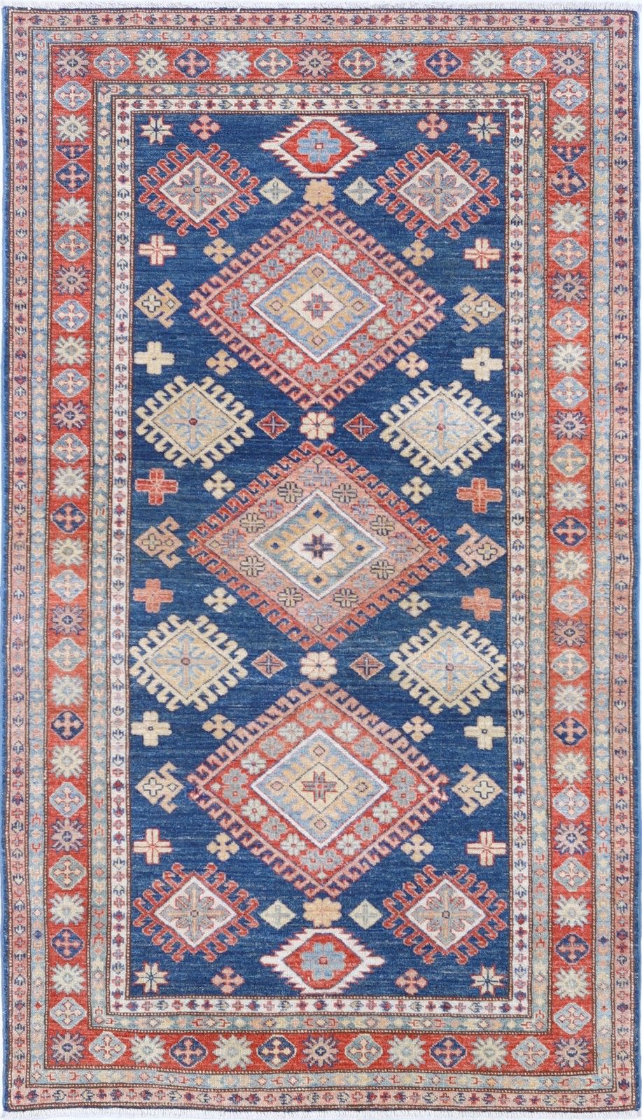 Tapis en laine noué à la main, bleu marine, rouge et ivoire, à motif géométrique - 1,07 x 1,94 m
