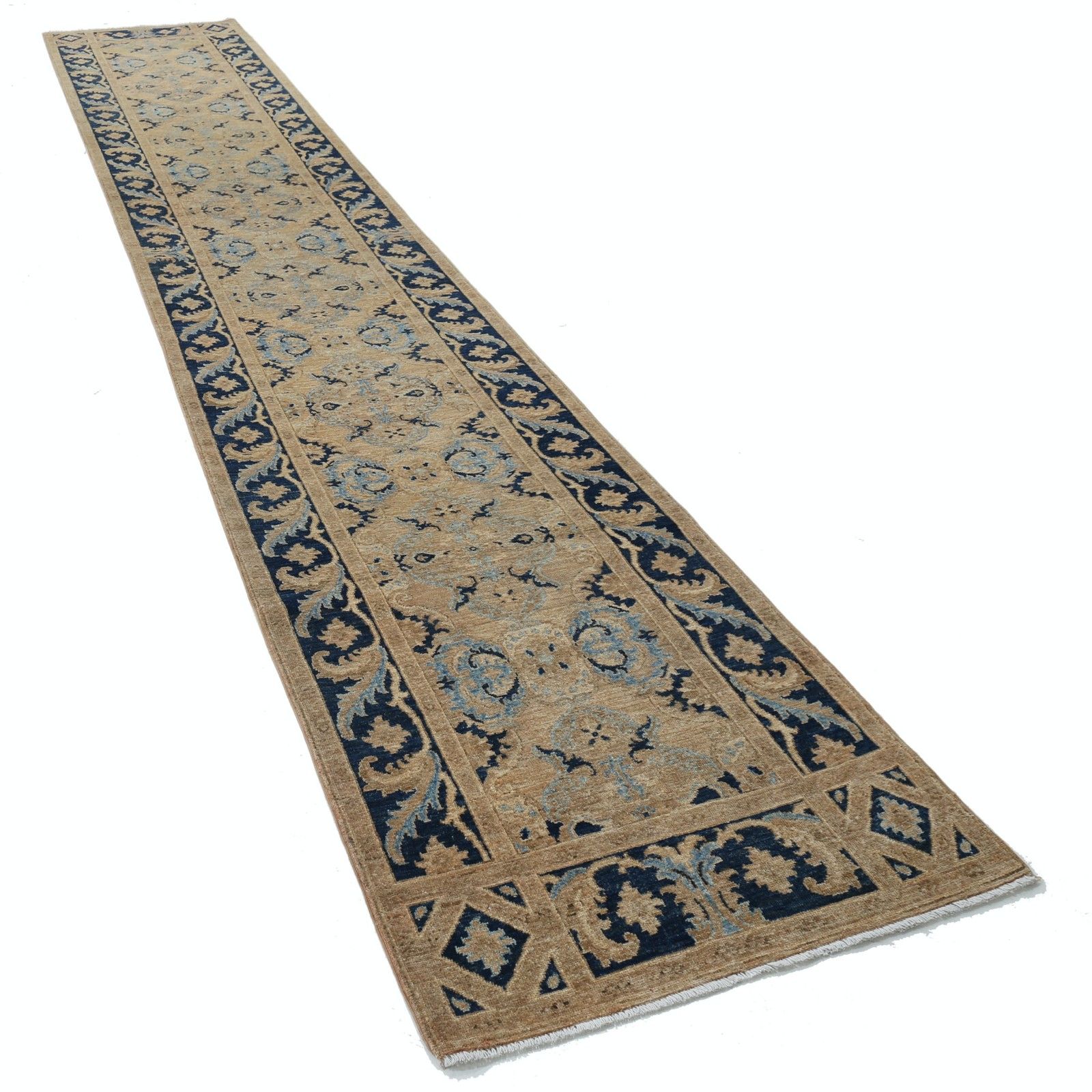3x17 Ft Handknotted Beige, Navy Blue, Light Blue Long Runner Rug, 100% Wool photo furniture