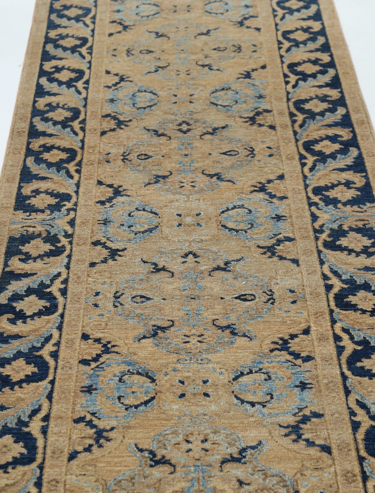 3x17 Ft Handknotted Beige, Navy Blue, Light Blue Long Runner Rug, 100% Wool photo 2354.0