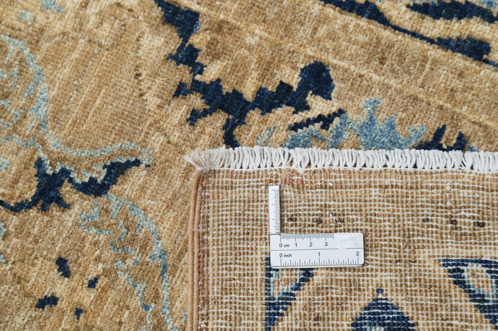 Tapis de couloir noué à la main, beige, bleu marine et bleu clair, 3 x 17 pi, 100 % laine photo buy