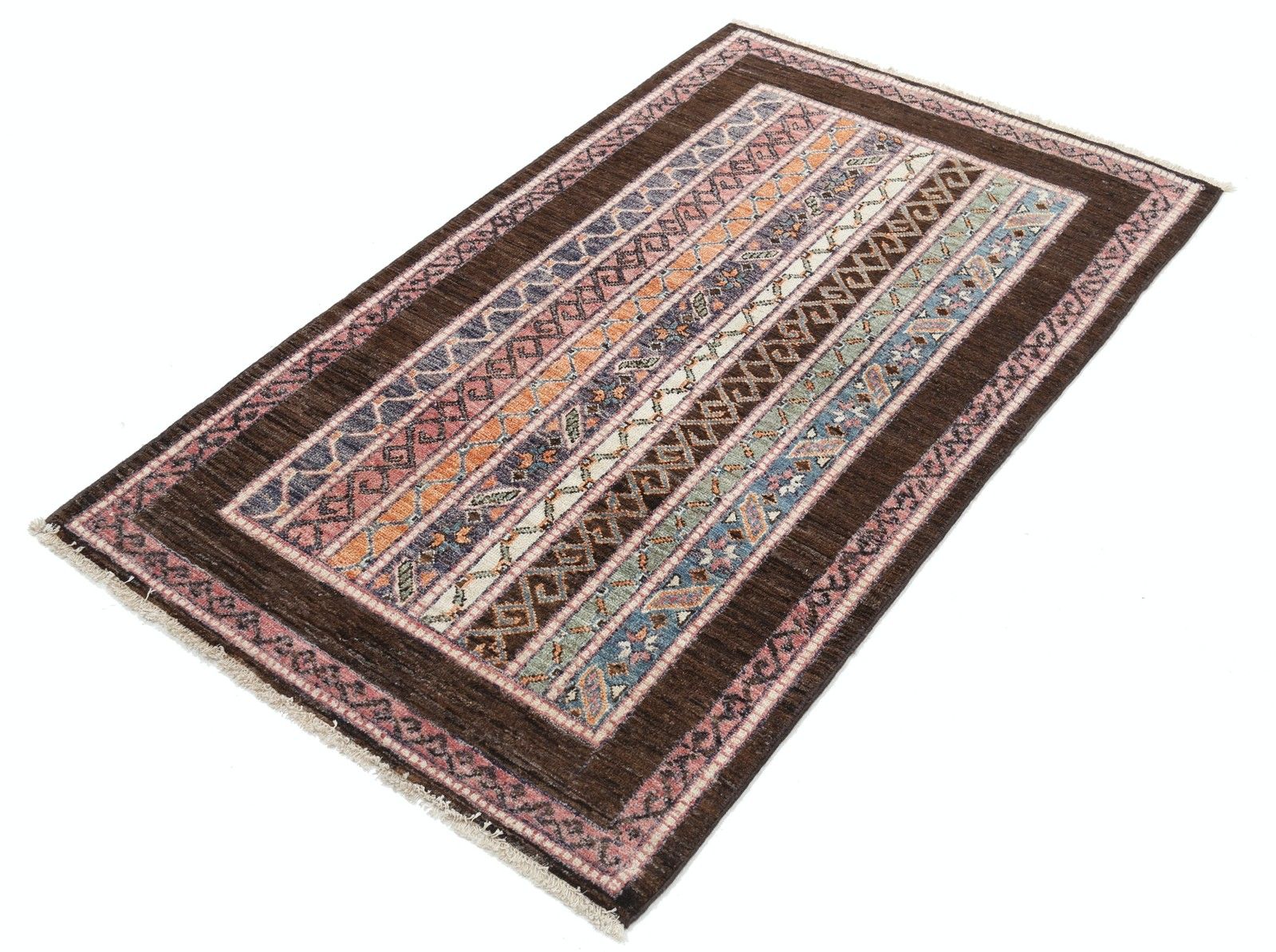 3x5 Ft Colorful Hand Knotted Oushak Wool Rug. Turkish Stripe Motif Accent Rug photo for sale