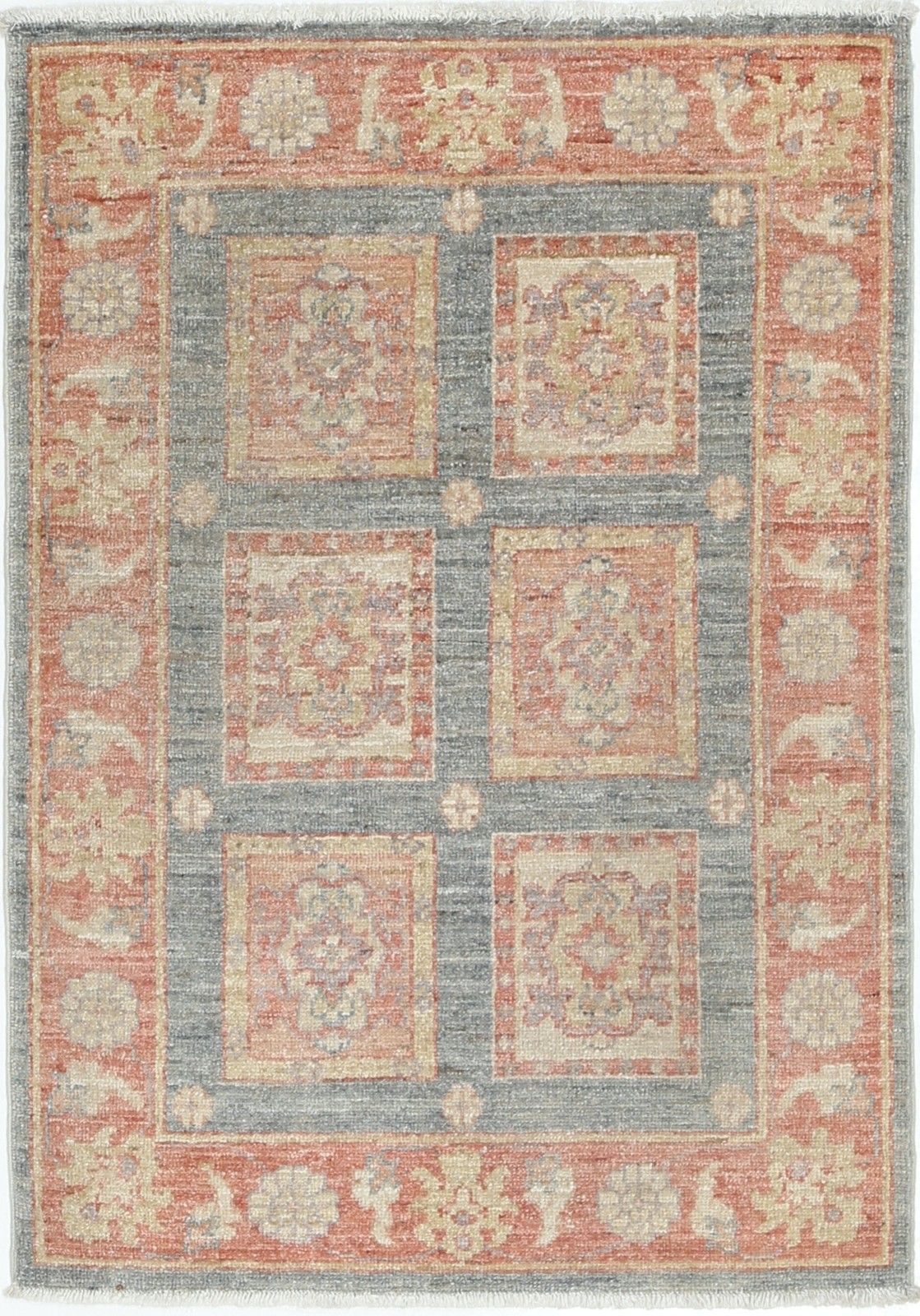 2,2x3 Ft Handgeknoopt Wollen Vloerkleed in Koraal, Grijs en Ivoor met Geometrisch Dessin