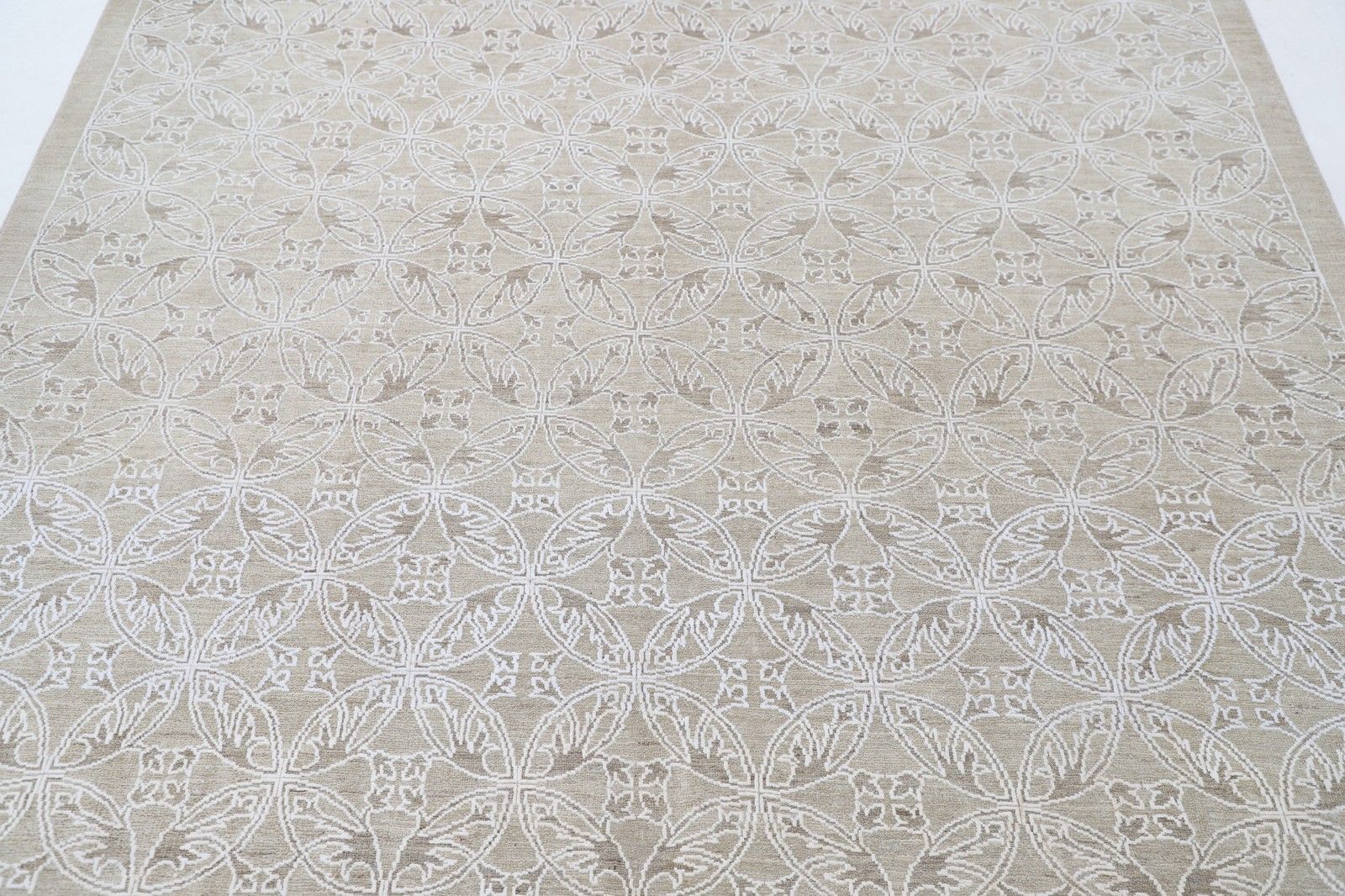 6.2x8.5 Ft Hand Knotted Beige Wool Area Rug. Turkish Leaf Trellis Design Carpet photo for sale