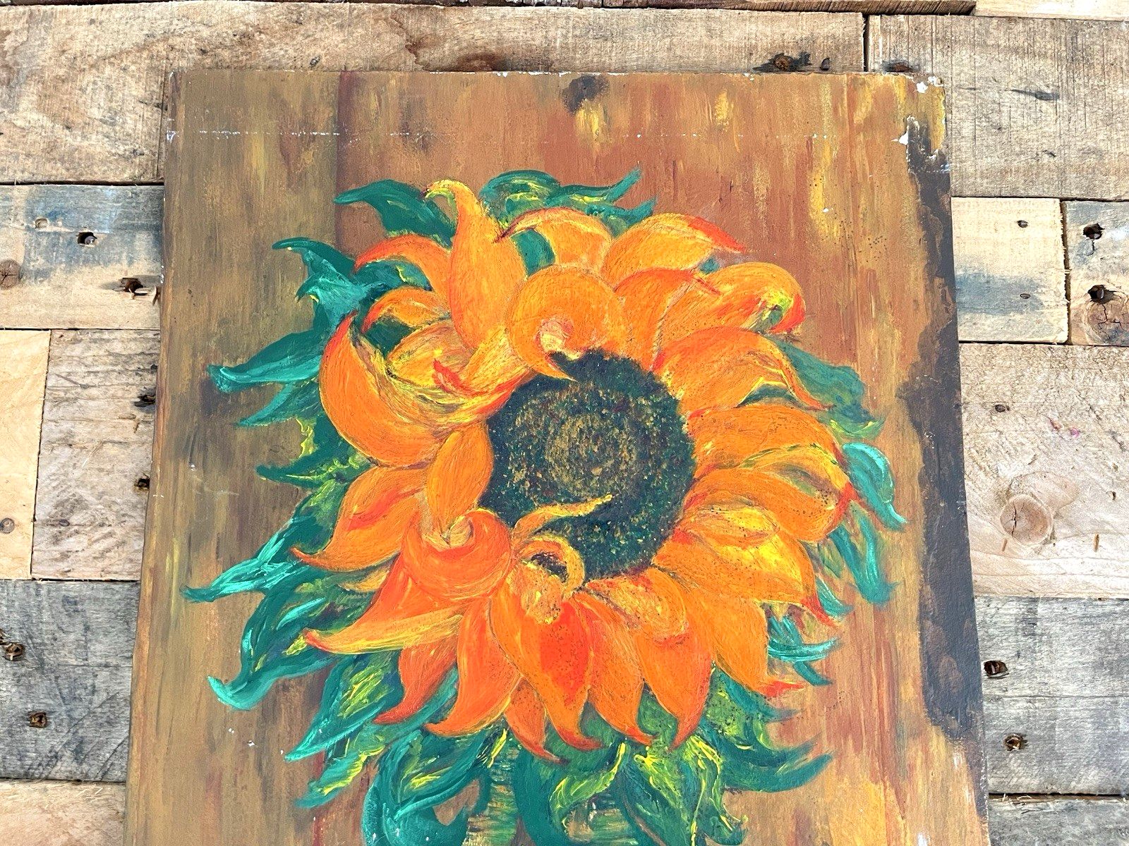 150.0 Vintage Original Floral Sunflower Still Life Oil Board Painting Van Gogh Style photo