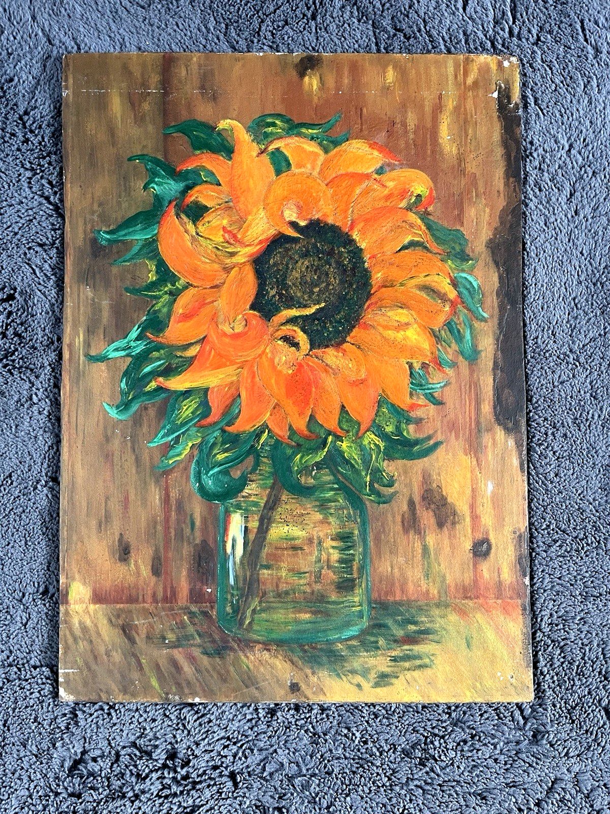 photo buy Vintage Original Floral Sunflower Still Life Oil Board Painting Van Gogh Style