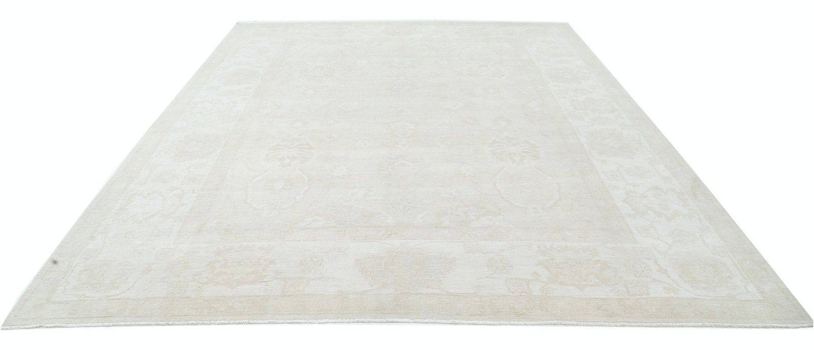 Tapis Oushak noué à la main, 10 x 12,5 pi. Tapis à motif floral beige. 100 % laine photo Textiles
