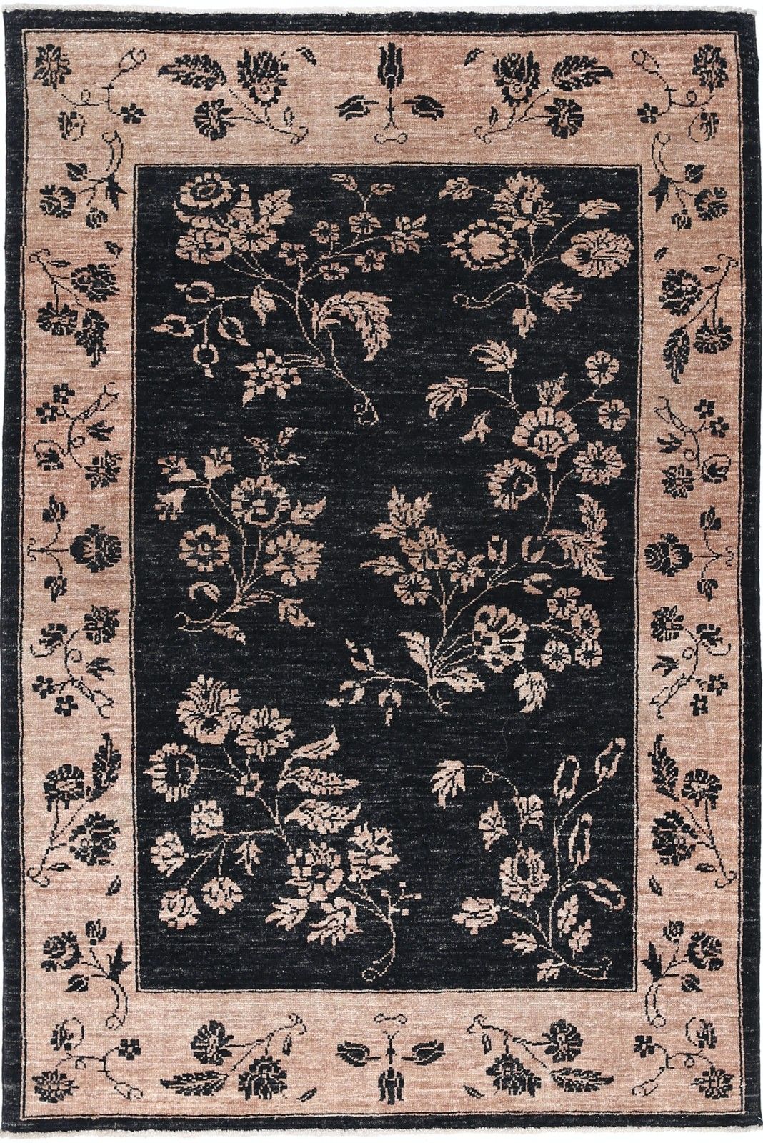 3.4x5 Ft Handknotted Black, Blush Wool Area Rug. Turkish Floral Motif Accent Rug