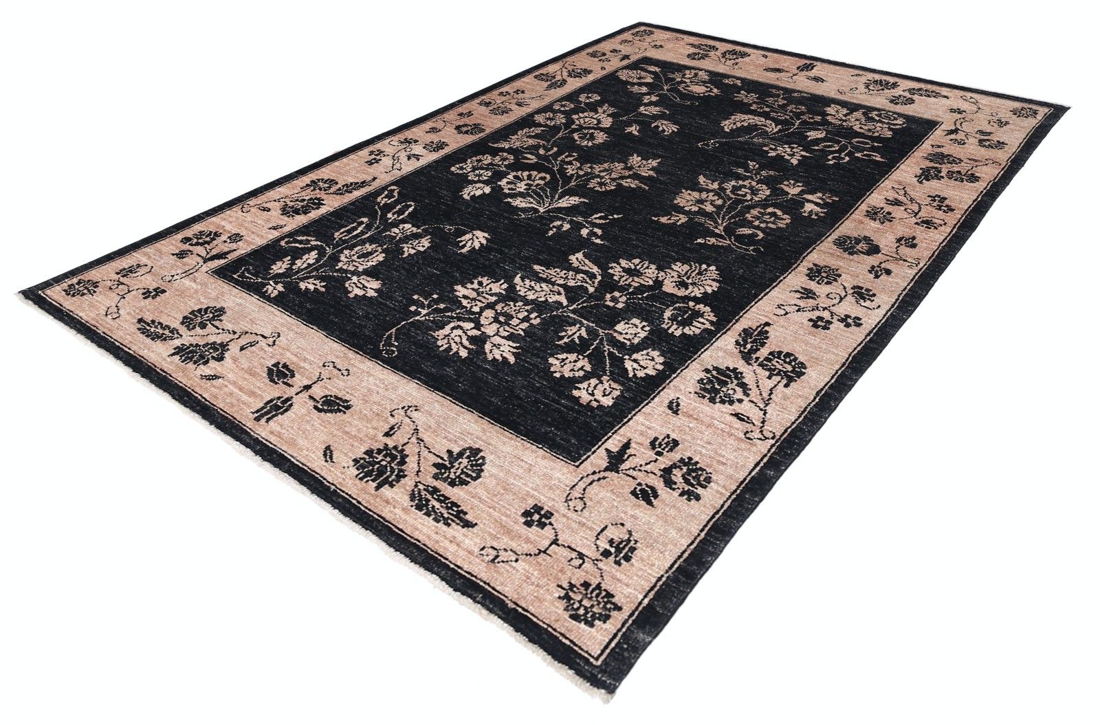 Tapis en laine noué à la main, motif floral turc, noir et rose poudré, 102 x 153 cm photo for sale
