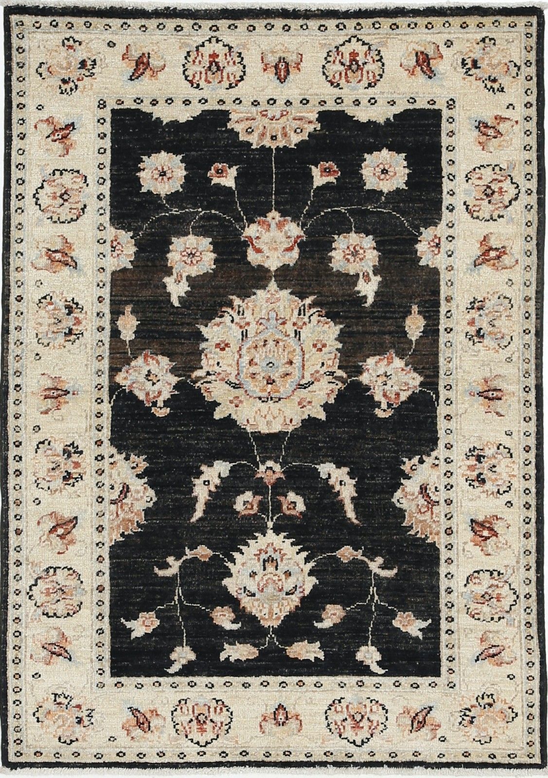 2.8x4 Ft Hand Knotted Floral Turkish Area Rug In Black And Ivory. 100% Wool