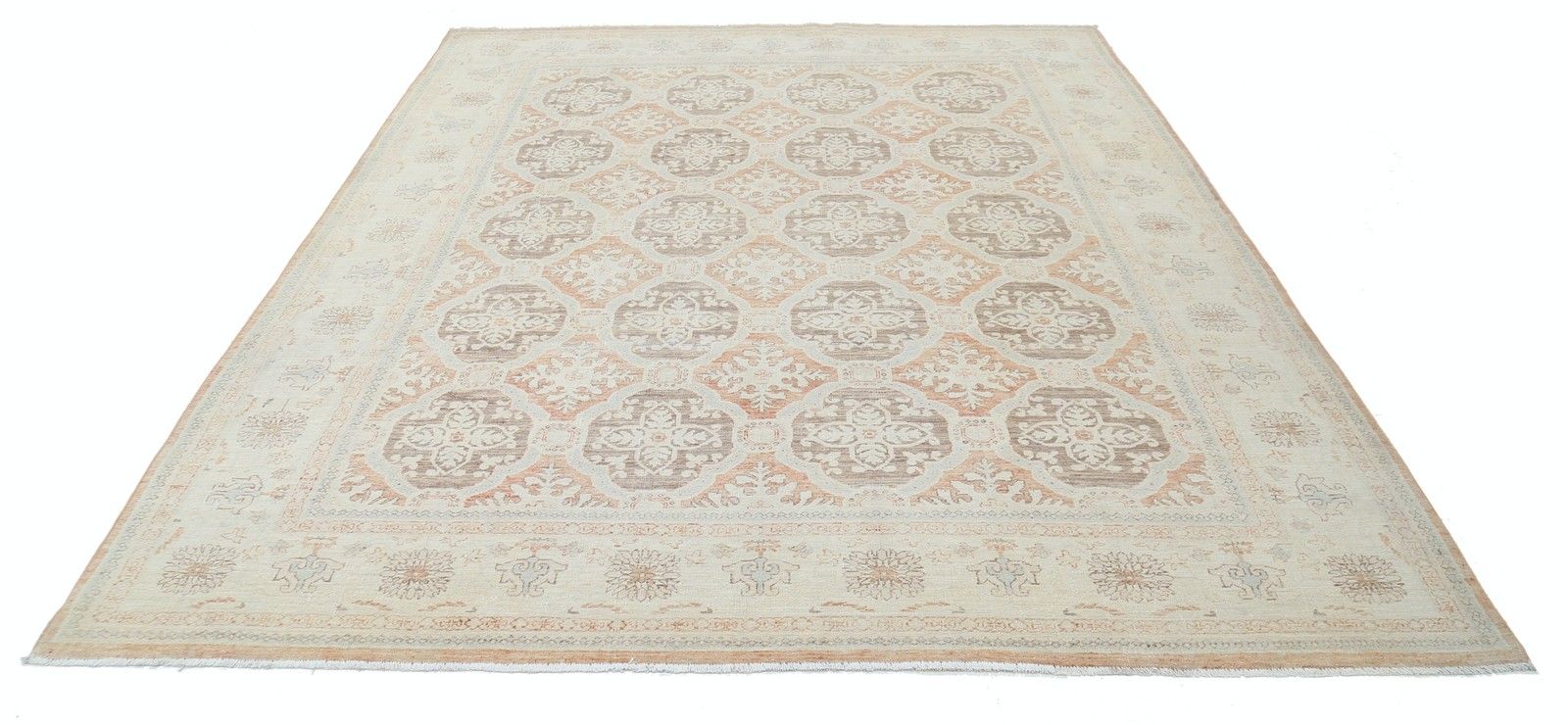 Tapis à nœuds main 8x9,5 ft, beige, gris et rose pâle, grand format, motif treillis photo Textiles