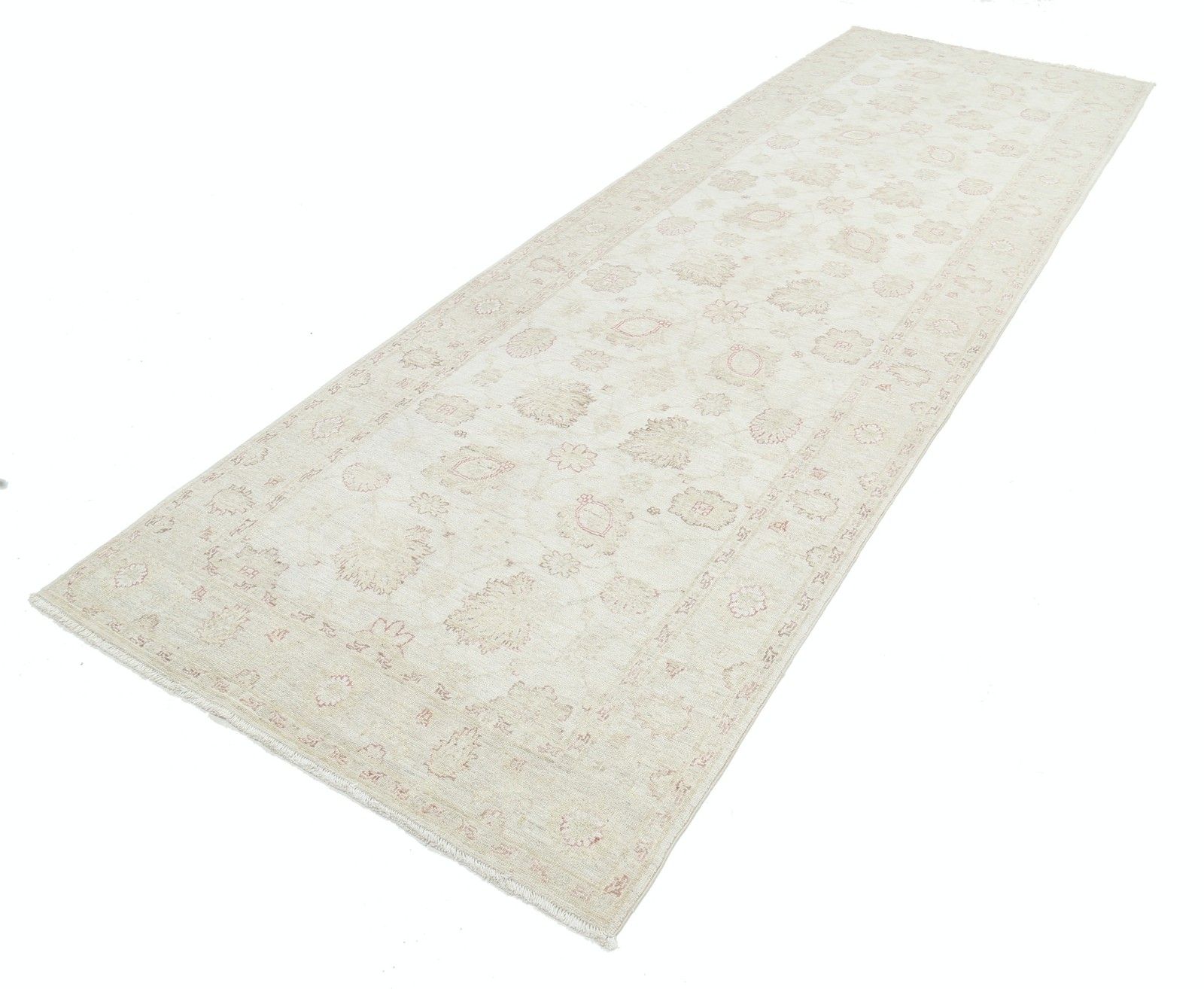 4,2 x 11,8 ft Bloemen Gangloper. Handgeknoopt Keukenkleed. Beige Corridorkleed photo for sale