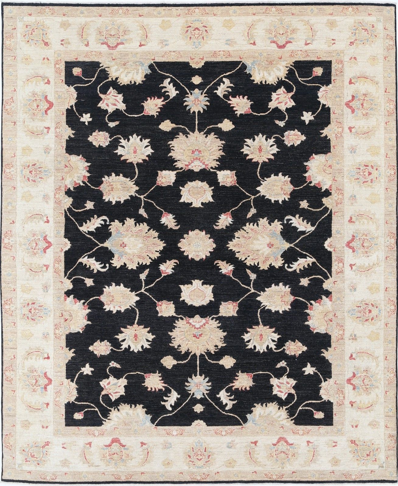 8x9.8 Ft Hand Knotted Floral Area Rug In Black And Ivory. 100% Wool Carpet