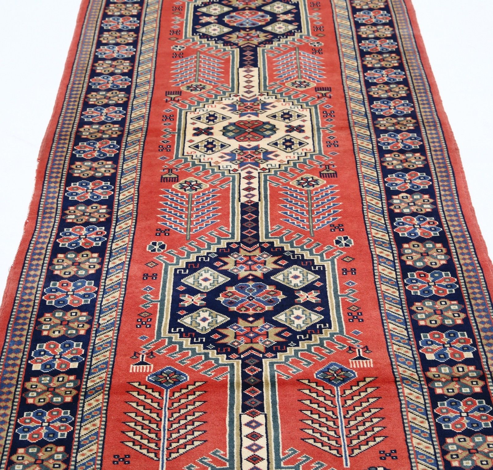 3,3 x 10 ft handgeknoopt rood loperkleed voor gang en hal. Wollen keukenkleed photo 1612.0