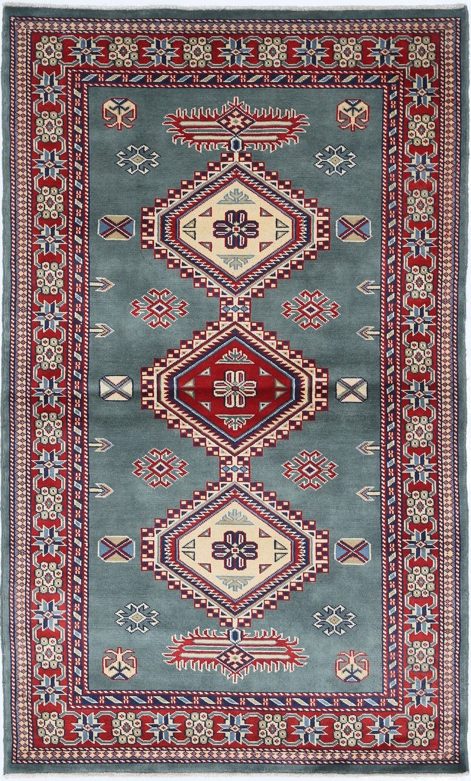 3x5 Ft Hand Knotted Slate Blue, Red, Ivory Tribal Accent Rug. Geometric Wool Rug