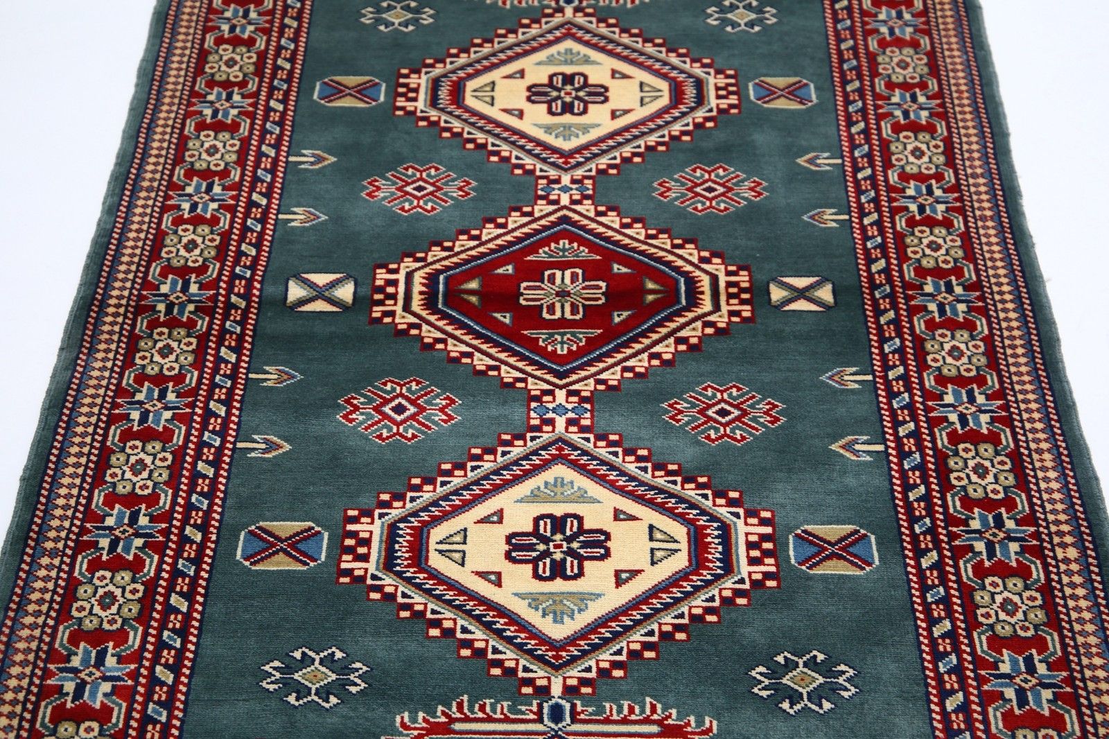 3x5 Ft Hand Knotted Slate Blue, Red, Ivory Tribal Accent Rug. Geometric Wool Rug photo 772.0