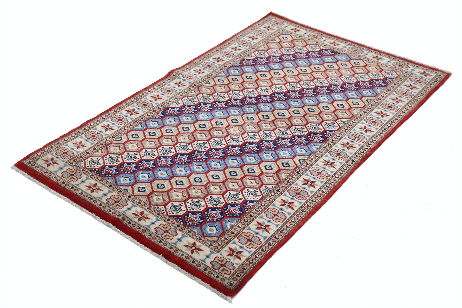 Tapis à motif de treillis hexagonal, noué à la main, rouge, ivoire et bleu marine, 97 x 153 cm photo furniture