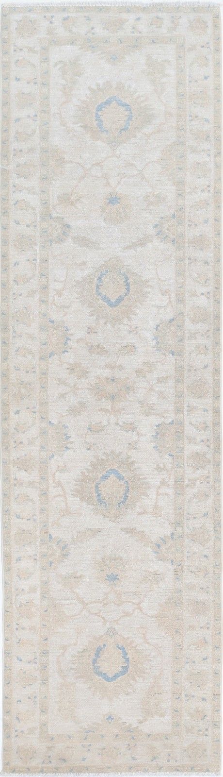 2.5x9.6 Ft Hand Knotted Floral Wool Runner Rug. Muted Tone Hallway, Corridor Rug