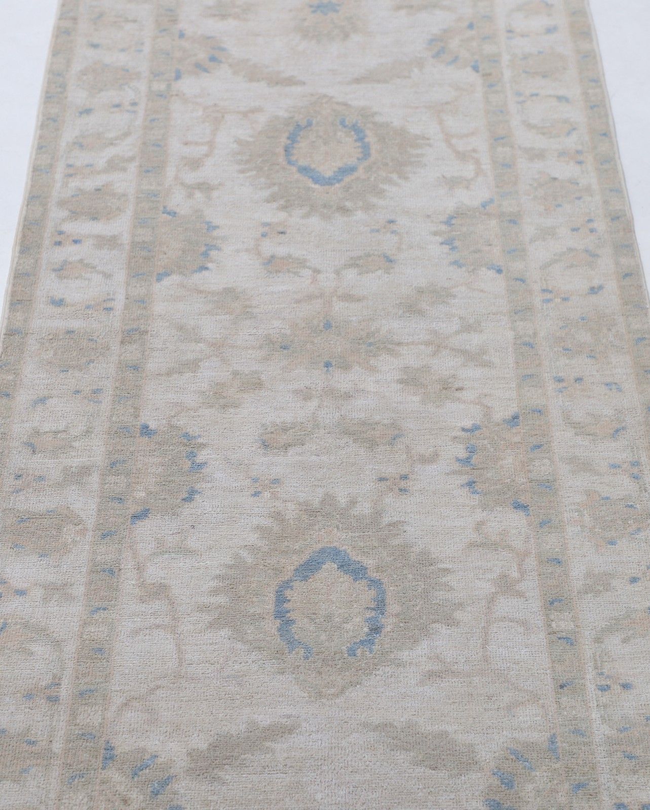 2.5x9.6 Ft Hand Knotted Floral Wool Runner Rug. Muted Tone Hallway, Corridor Rug photo for sale