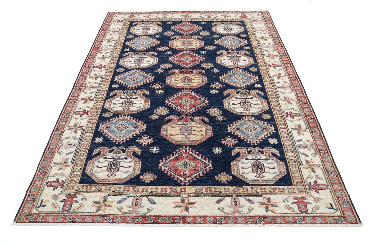 Tapis noué à la main bleu marine, rouge et ivoire à motif géométrique, 1,71 x 2,44 m photo Textiles