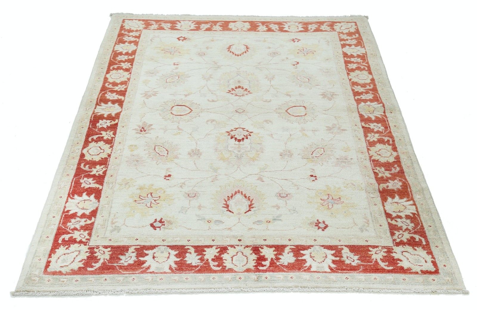 Tapis d'appoint turc noué à la main, motif floral, fond beige et bordure rouge, 120 x 180 cm photo for sale