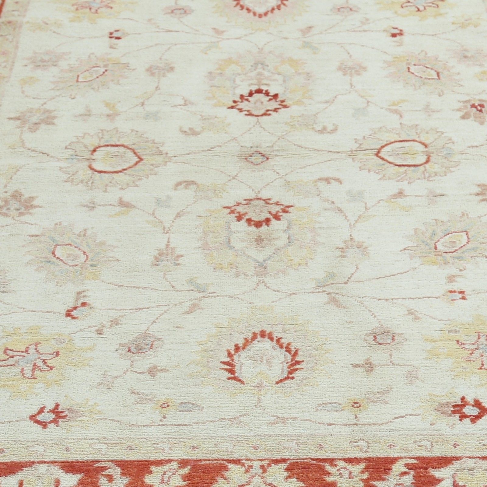 4x6 Ft Hand Knotted Floral Turkish Area Rug With Beige Field And Red Border photo vinterior