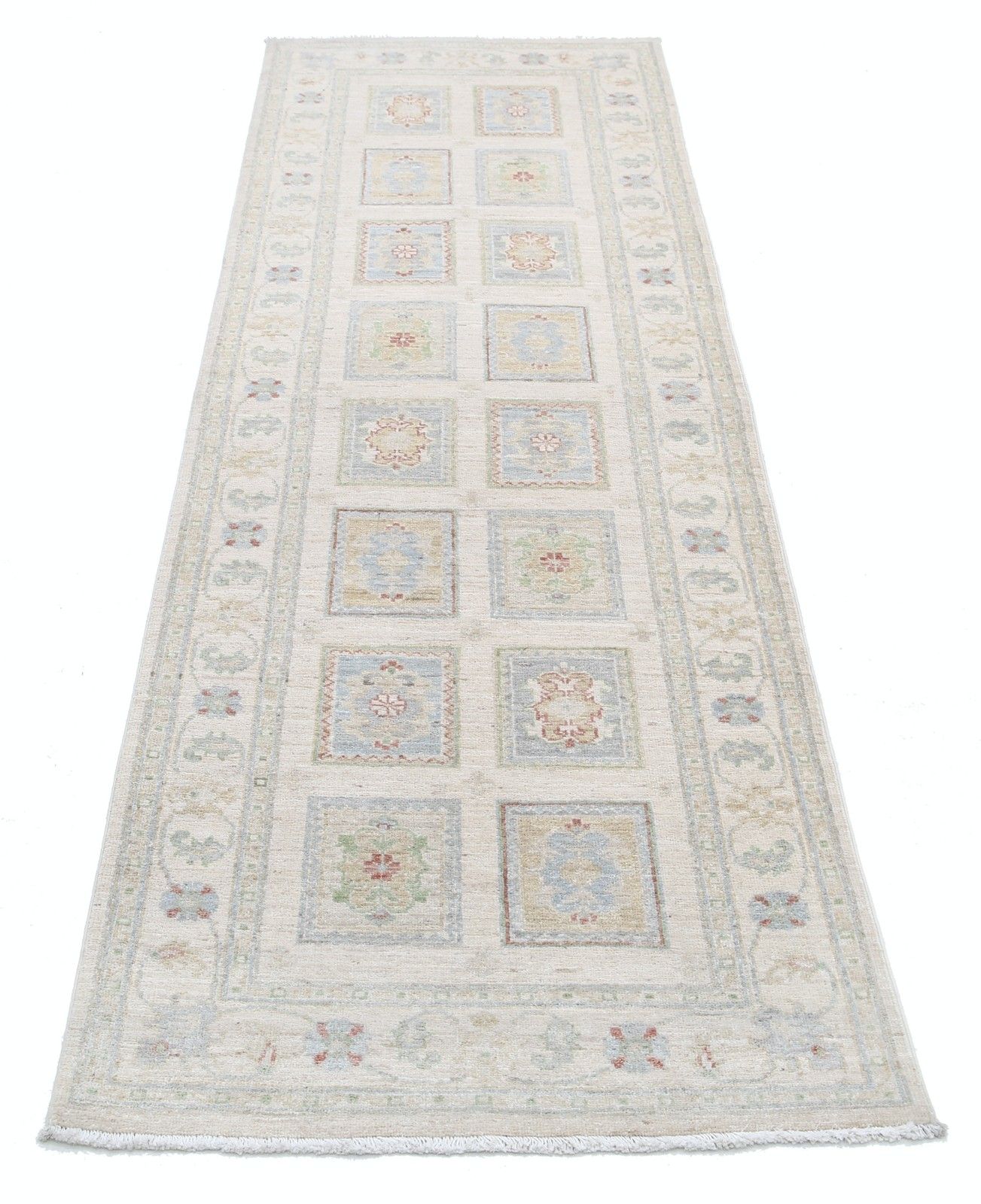 Tapis de couloir en laine noué à la main, ivoire, bleu clair et rose pâle, 0,79 x 2,42 m photo 1026.0