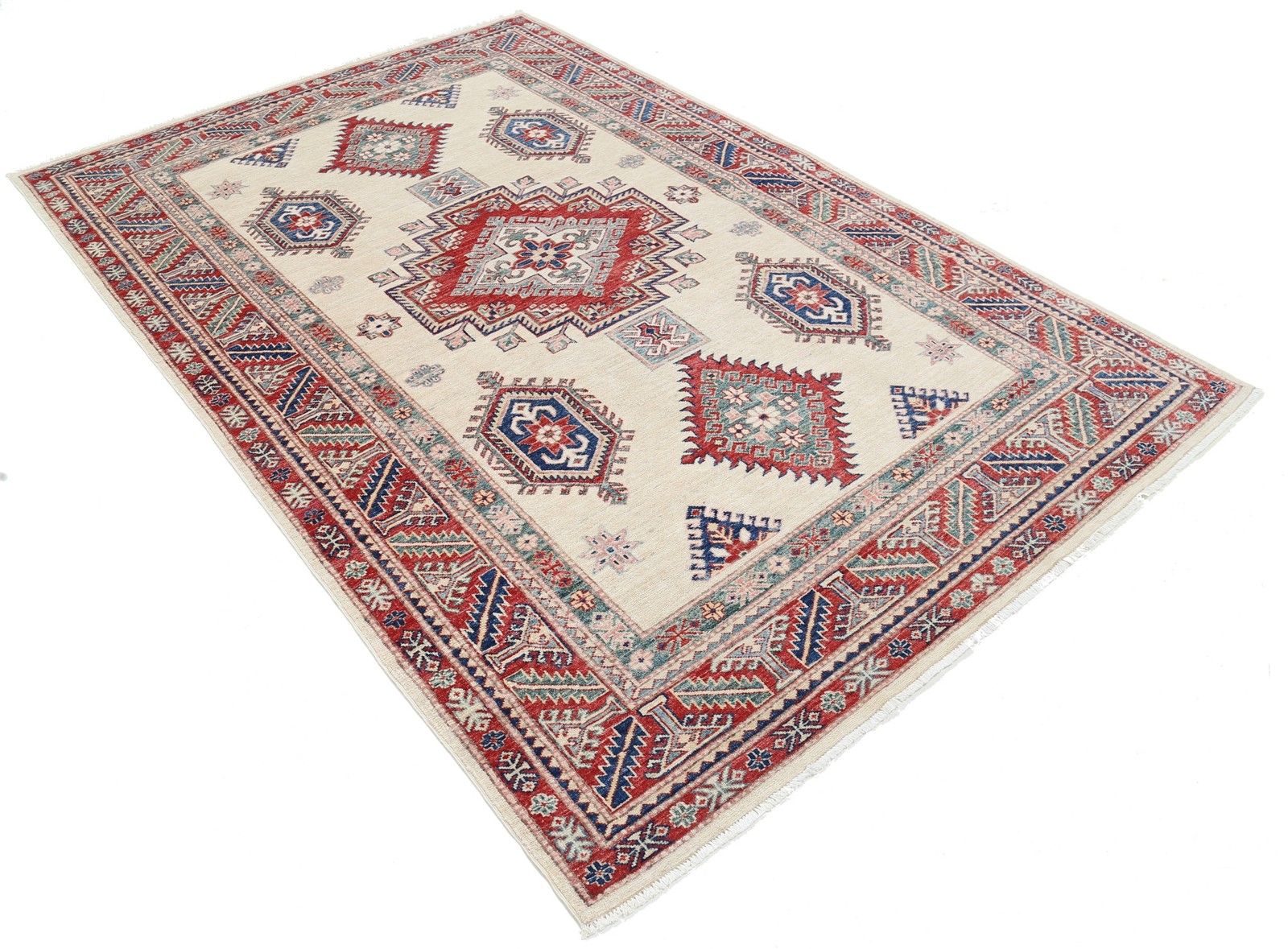 5.5x8.3 Ft Hand Knotted Red, Ivory, Navy Blue Rug. Turkish Geometric Design Rug photo furniture
