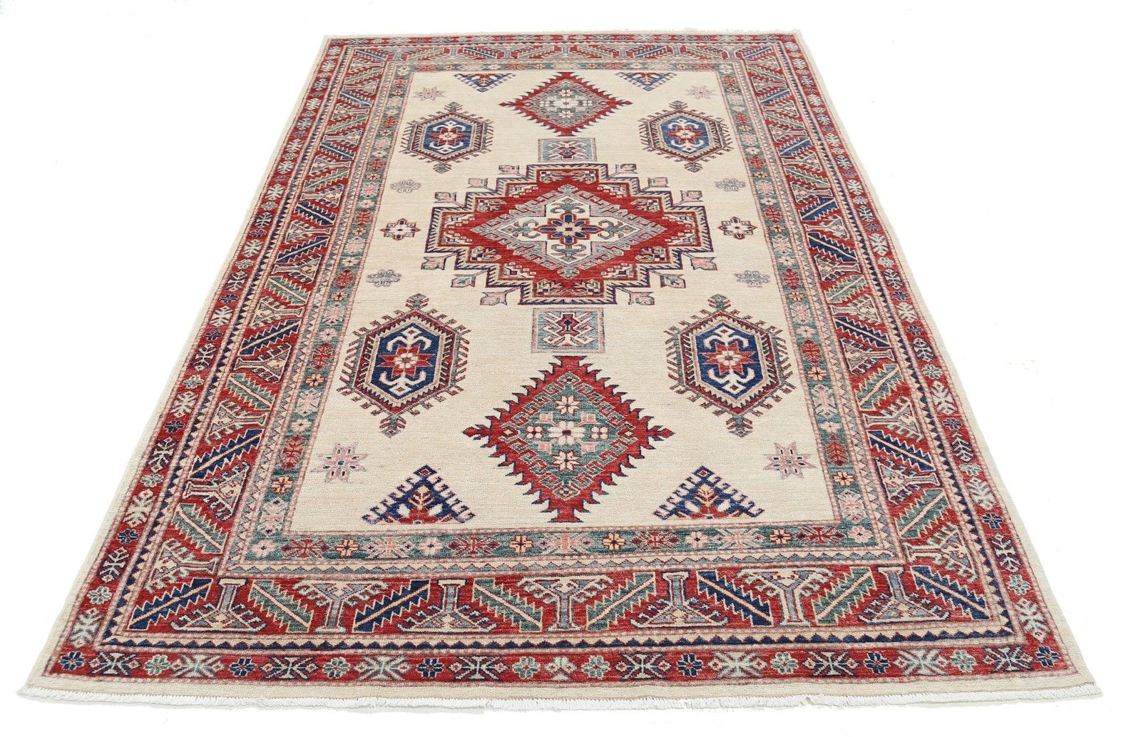 5,5 x 8,3 ft Handgeknoopt vloerkleed in rood, ivoor en marineblauw. Turks vloerkleed met geometrisch dessin photo Textiel