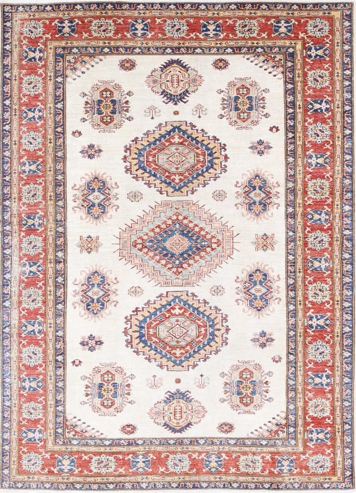 5.4x7.7 Ft Hand Knotted Red, Ivory, Navy Blue Area Rug With Geometric Design