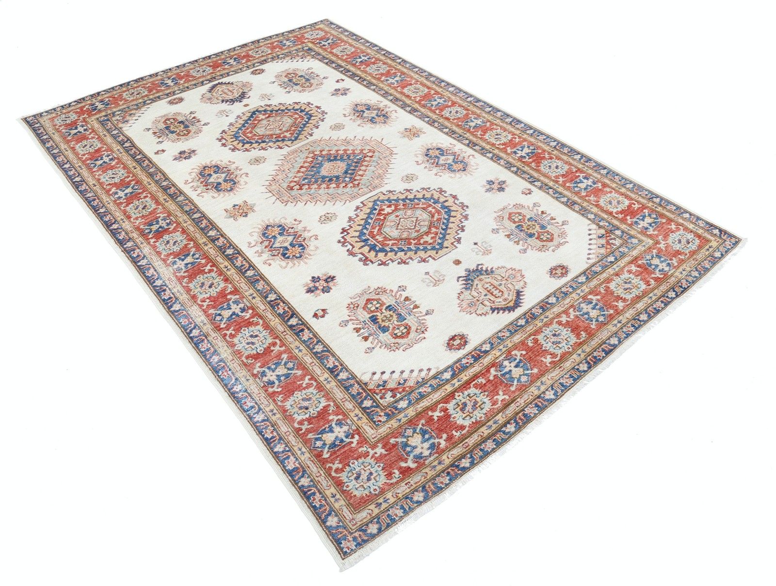 Tapis noué à la main rouge, ivoire et bleu marine à motif géométrique, 1,63 x 2,32 m photo furniture