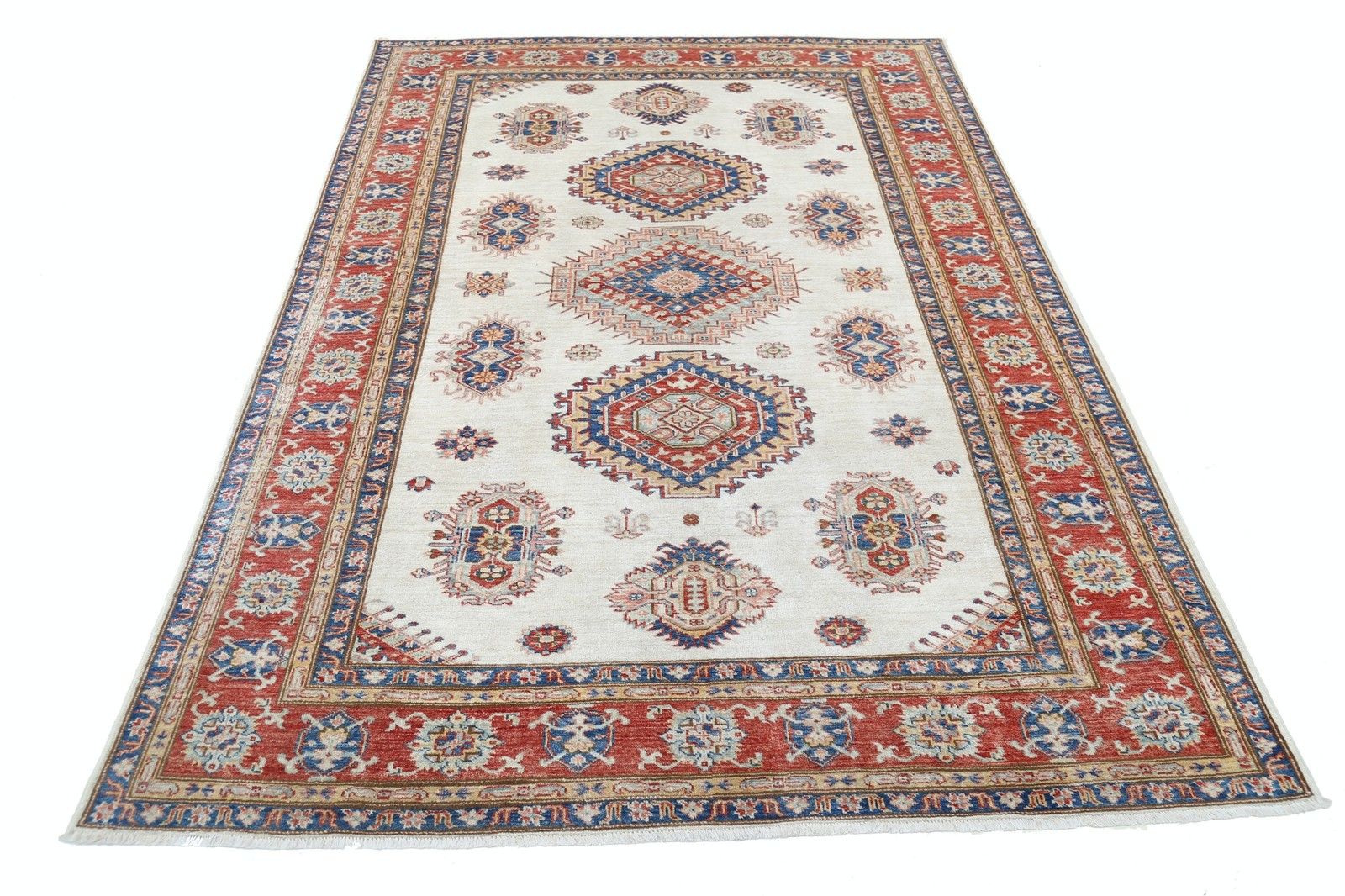 5.4x7.7 Ft Hand Knotted Red, Ivory, Navy Blue Area Rug With Geometric Design photo Textiles
