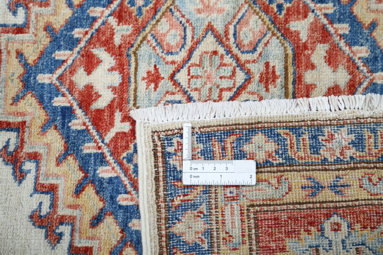 5.4x7.7 Ft Hand Knotted Red, Ivory, Navy Blue Area Rug With Geometric Design photo buy