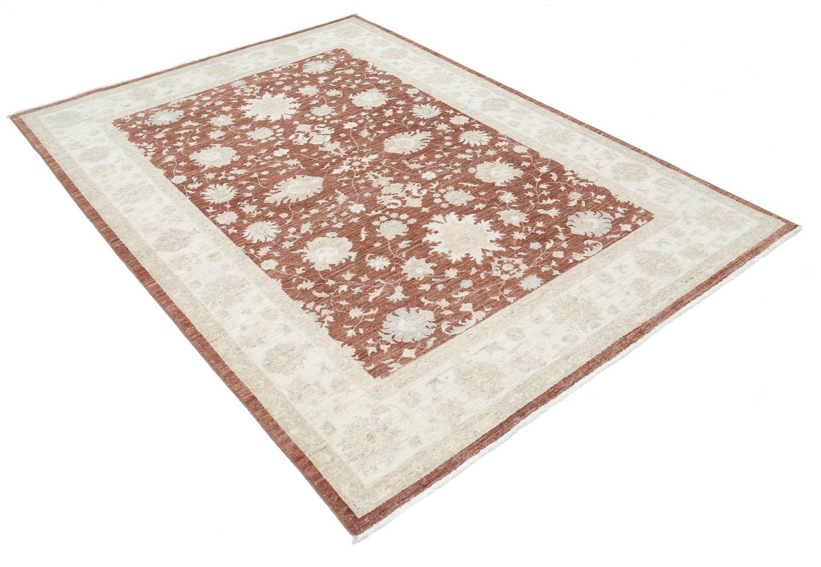 5.7x7.8 Ft Hand Knotted Floral Area Rug With Red Field And Ivory Border photo furniture