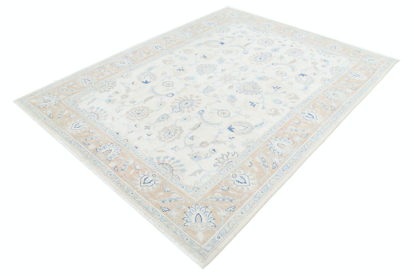 6,2x8 Ft Handgeknoopt Wollen Vloerkleed Met Allover Bloemmotief. Beige Oushak Tapijt photo for sale