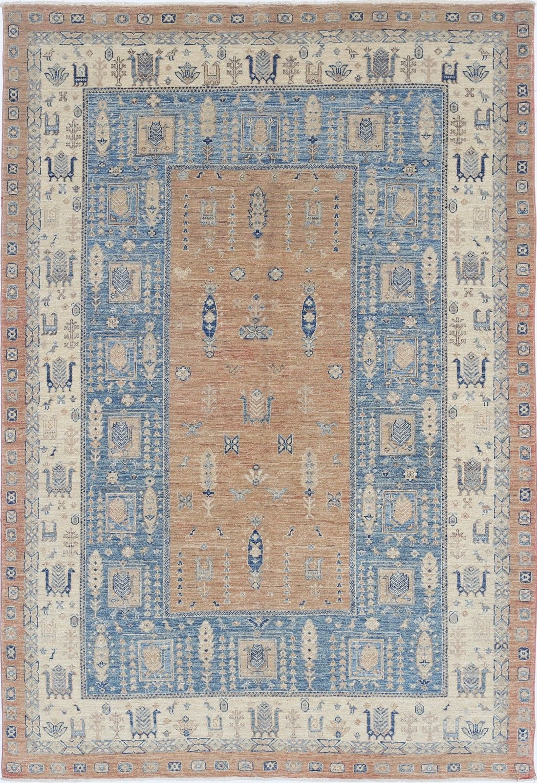5.5x8 Ft Handknotted Light Blue, Beige Wool Area Rug. Turkish Tribal Carpet