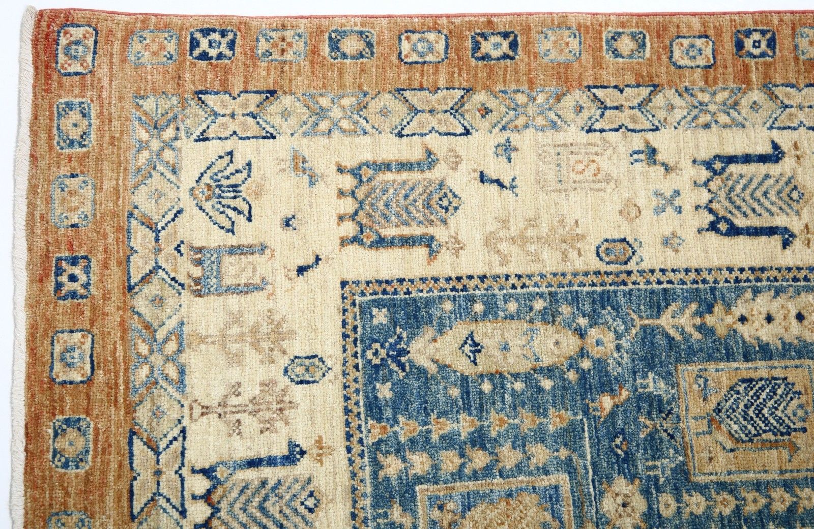 Tapis en laine noué à la main, bleu clair et beige, 166 x 244 cm, tribal turc photo vinterior
