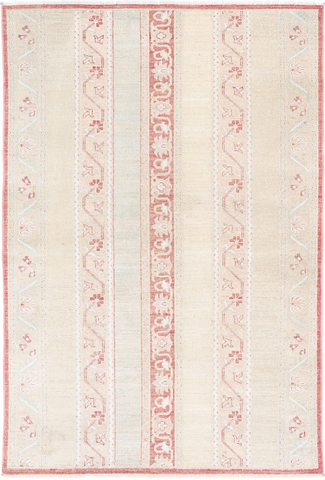 3.8x5.8 Ft Hand Knotted Beige And Red Area Rug. Turkish Stripe Motif Accent Rug
