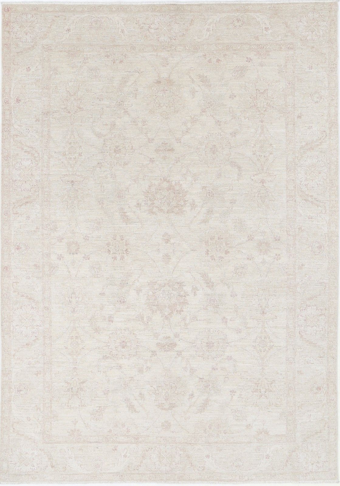 6.2x8.8 Ft Hand Knotted Turkish Wool Rug With Floral Design. Beige Oushak Carpet