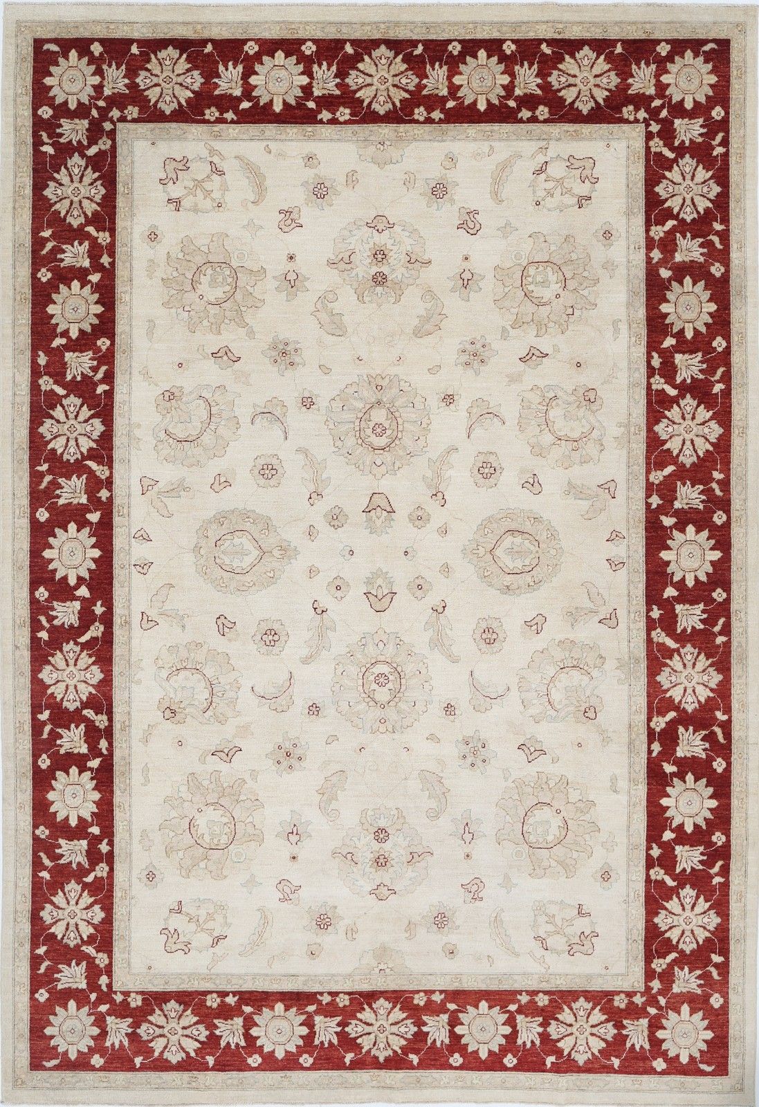 Tapis en laine fait main 252 x 366 cm, rouge et beige, motif floral Oushak